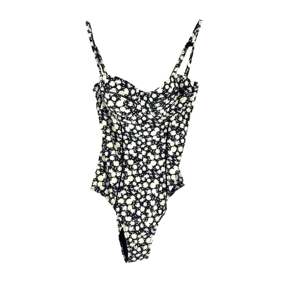 Tory Burch Black and Cream Floral One-Piece Swimsuit with Adjustable Straps